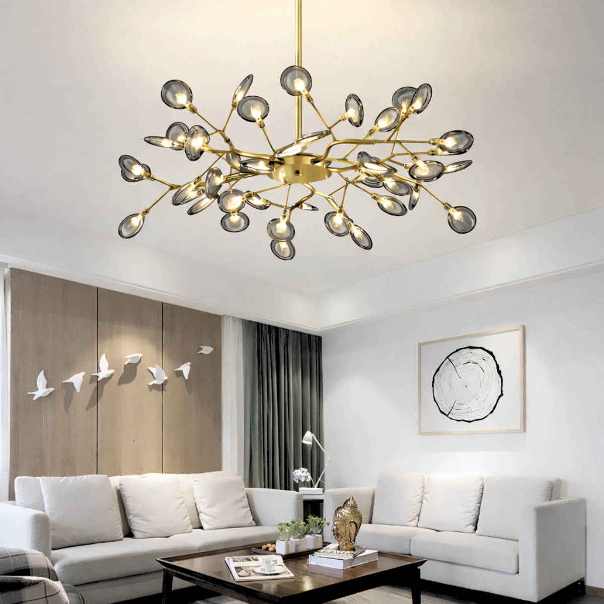 Lustre Teto 85cm Ramos de Árvore 45 Leds Luminária Metal Dourado Gimpo Ra-45-gold-ash - 9