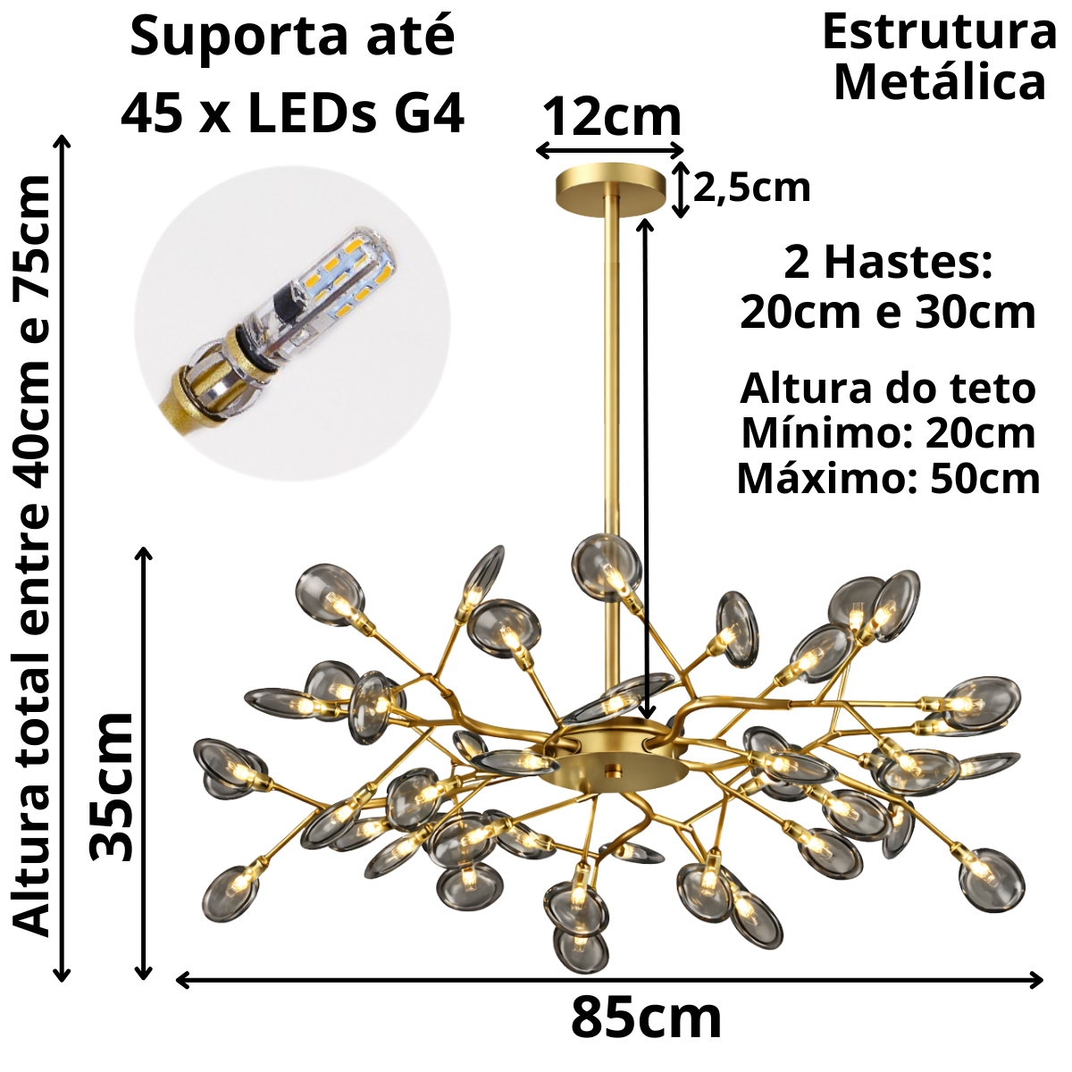 Lustre Teto 85cm Ramos de Árvore 45 Leds Luminária Metal Dourado Gimpo Ra-45-gold-ash - 10