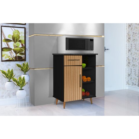 Balcão / Fruteira Cris Modelo Retrô com Pés Palito com Gaveta e Porta Cor Preto / Ripado 3d Romar
