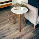 Ver imagem 1 de Mesa Lateral Redonda com Vidro e Pés Palito Branco em Madeira Maciça 100% MDF 50x40cm Marrom