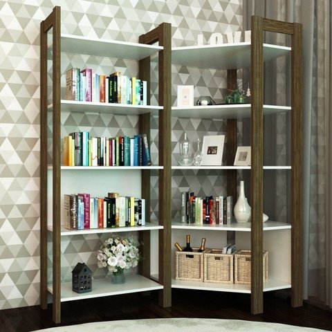 Estante de Canto 5 Prateleiras 136CMX166CM Az Branco/Nogal