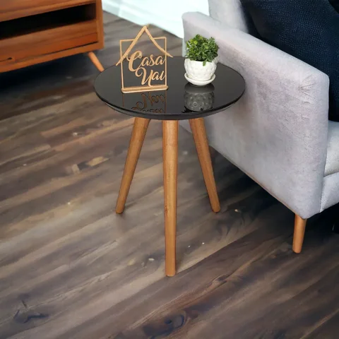Mesa Lateral Retrô com Vidro Preto 100% MDF 50x40cm Marrom