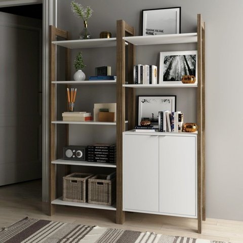 Kit 2 Estantes para Livros Az Biblioteca 2 Portas Premium Espresso Móveis Branco/Nogal