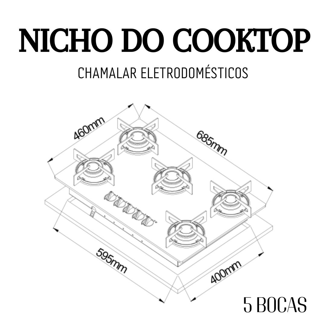 Fogão Cooktop Gás 5 Bocas Chama Tripla 127v/220 Preto - 5