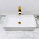 Ver imagem 4 de Kit Cuba Pia Louça Cerâmica Banheiro C/Torn e Vál Dourada 56