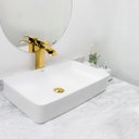 Ver imagem 2 de Kit Cuba Pia Louça Cerâmica Banheiro C/Torn e Vál Dourada 56