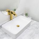 Ver imagem 3 de Kit Cuba Pia Louça Cerâmica Banheiro C/Torn e Vál Dourada 56