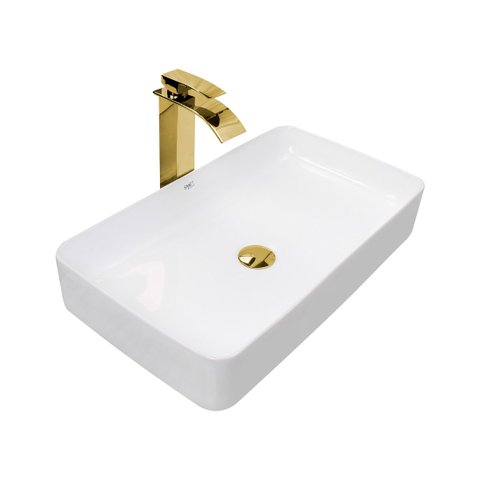 Kit Cuba Pia Louça Cerâmica Banheiro C/Torn e Vál Dourada 56