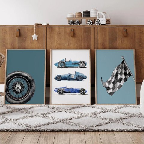Kit 3 Quadros Decorativos Infantil | Transportes - Carros Velozes NO2 - 30x40 - Moldura Madeira