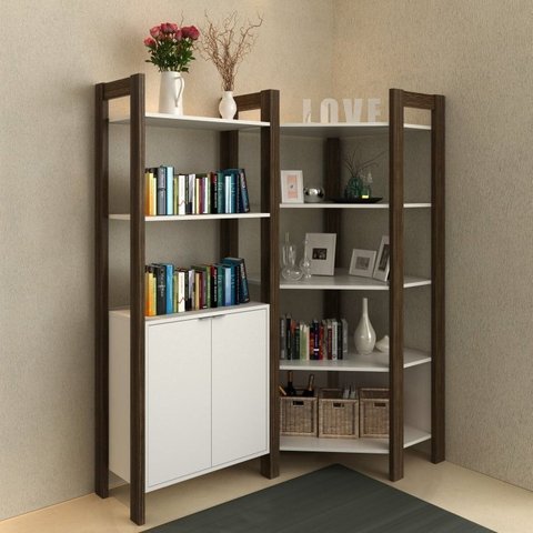 Estante de Canto 2 Portas 136CMX166CM Az Branco/Nogal