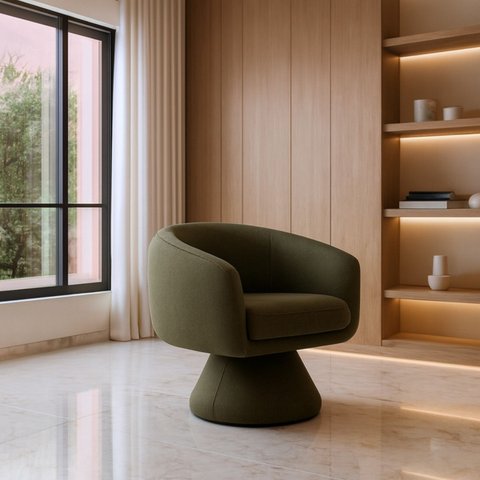 Poltrona Orgânica Giratoria Redonda Sala Venus Confortável Elegante Sapatas Plásticas Linho Verde