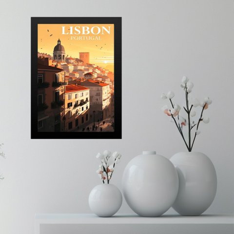 Quadro Decorativo Cidade Lisboa - Portugal 33x24cm - com Vidro:moldura Preta