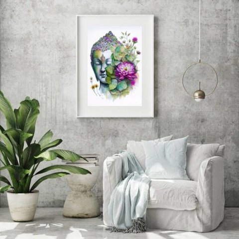 Quadro Aquarela Buda com Flor de Lotus - 60x48cm:madeira Preta