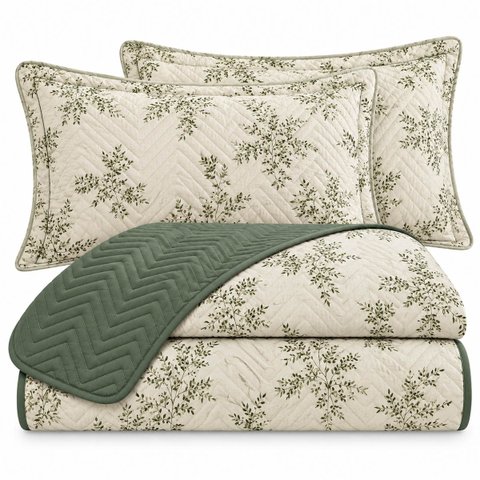 Kit Cobre Leito Floratta Casal Percal 150 Fios Dupla Face Estampado Colcha 3 Peças Floral Verde