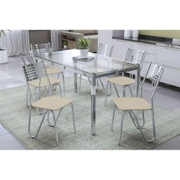 Conjunto: Mesa de Cozinha Reno c/ Tampo de Vidro 150cm + 6 Cadeiras Nápoles Cromada/Nude - - 1