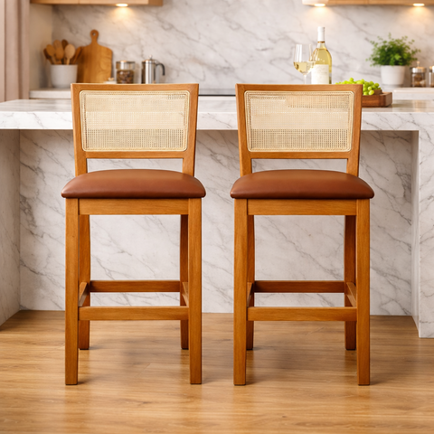 Banqueta Alta em Tela Sextavada Assento Estofado Couro Pu Caramelo Rubi Madeira Maciça Mel