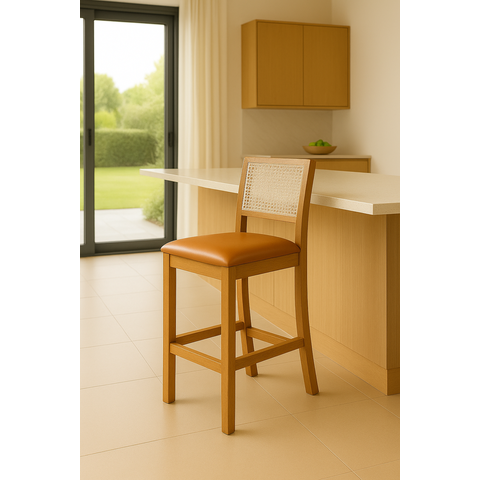 Banqueta Alta em Tela Sextavada Assento Estofado Couro Pu Caramelo Rubi Madeira Maciça Mel