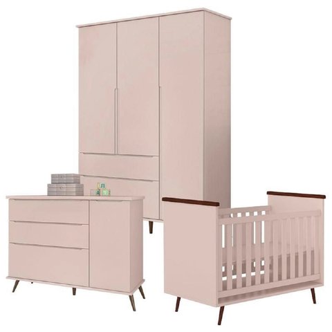 Quarto Infantil Meli MDF Infantil Guarda-Roupa Roupeiro + Berço + Cômoda Rosê