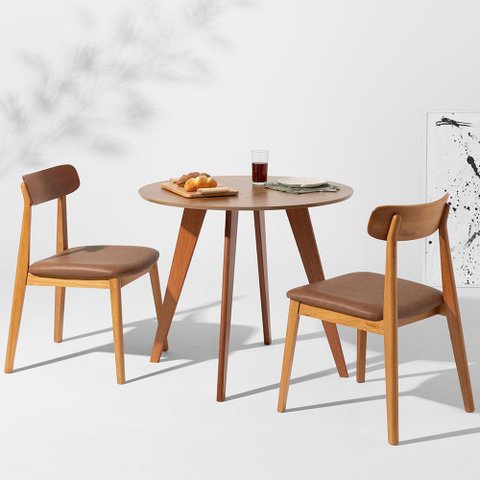 Conjunto Mesa de Jantar Square Redonda Bétula - 88cm + 2 Cadeiras Nord Encosto Madeira - Cognac Abra