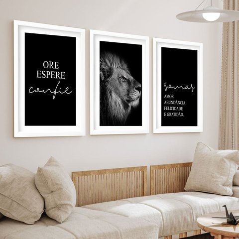 Kit 3 Quadros Grandes Leão Ore Espere Confie 60x48cm:moldura Branca