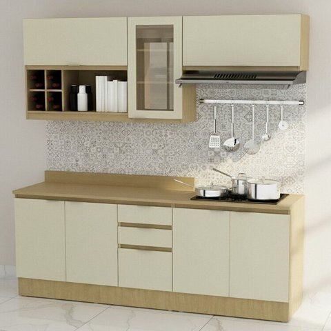 Cozinha Modulada 8 Peças 2 Aéreos 1 Balcão 120cm e 1 de 80cm com 2 Portas Rodapé e Tampo Bege/Nature