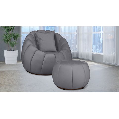Kit Poltrona Decorativa C/ Puff + Almofada Concha Veludo Cinza - Londrilar