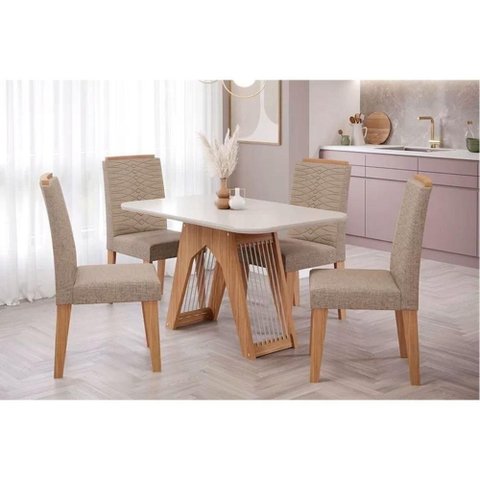 Conjunto Mesa de Cozinha Carol Tampo Madeirado com Vidro 130x80cm e 4 Cadeiras Clarice Madeirado