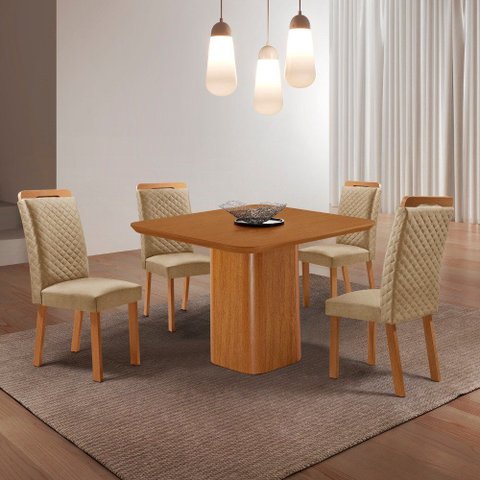 Mesa de Jantar Eloise 90cm Tampo MDF Laminado Canto Copo com 4 Cadeiras Lorena