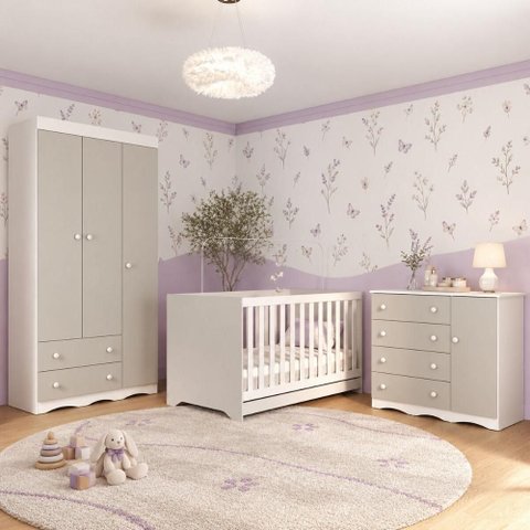 Quarto de Bebê Completo com Berço Americano 3 em 1 e Colchão Incluso Flor Multimóveis MP4953