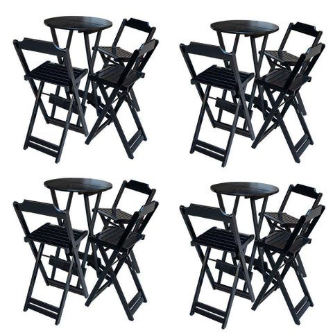 Kit 4 Jogos De Mesa Bistrô De Madeira Dobrável Com 3 Banquetas - Preto