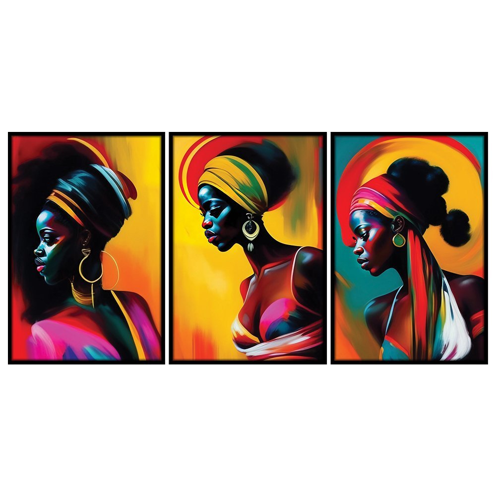 Kit 3 Quadros Decorativos CX Alta 40x60 3 unidades Mulheres Negras:Moldura Preta