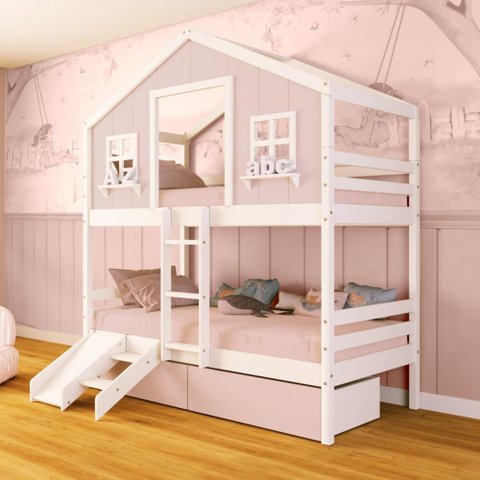 Beliche Casinha Sonhos com 02 Gavetas Rosa Kit Escada/ Escorregador Madeira Maciça Rosa/ Branco