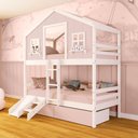 Ver imagem 1 de Beliche Casinha Sonhos com 02 Gavetas Rosa Kit Escada/ Escorregador Madeira Maciça Rosa/ Branco