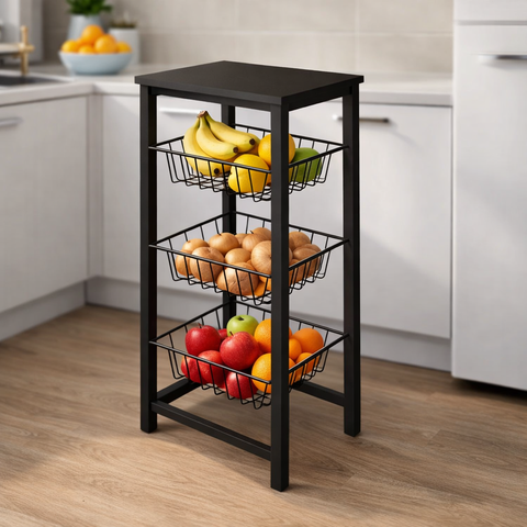 Fruteira de Chão Cozinha Desmontada Aço Preto Cesto Preto Tampo Preto Madri
