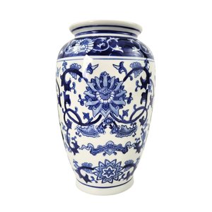 Vaso Porcelana Azul Branco Floral Clássico 30cm Decoração