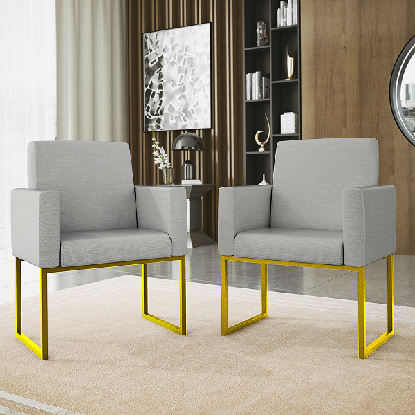 Kit 2 Cadeiras Poltrona Moderna com Base de Ferro Dourada:linho Cinza Claro - 2