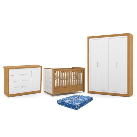 Dormitório Tutto New 4 Portas, Cômoda 1 Porta e Berço Freijó/branco Soft com Capitonê e Colchã
