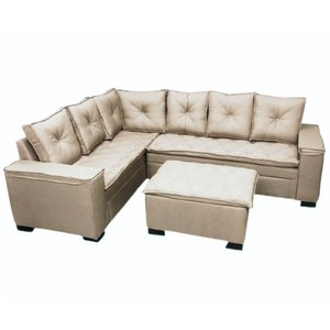 Sofá de Canto Florença 6 Lugares com Puff e Almofadas Soltas Tecido Linho União Cor Bege