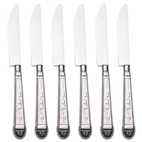 Jogo 6 Facas de Sobremesa Aço Inox Decorado 20cm Prateado Cozinha Mesa Posta