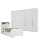 Ver imagem 1 de Cama Solteiro com Gavetas Invicta com Guarda Roupa Master 8 Portas 4 Gavetas Branco Brilho - Santos