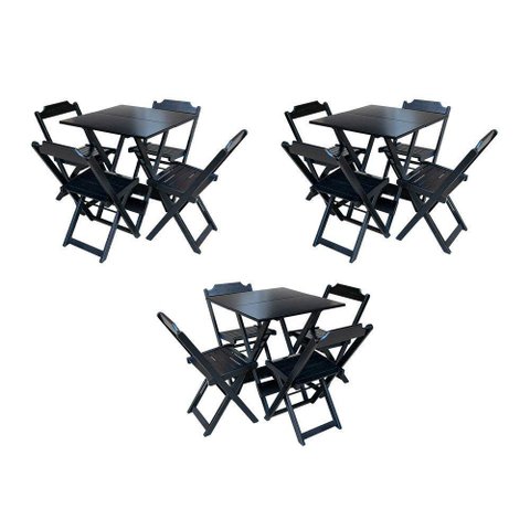 Kit 3 Mesas Quadradas Dobraveis 70X70 Em Madeira Maciça Com 4 Cadeiras - Preto - Preto