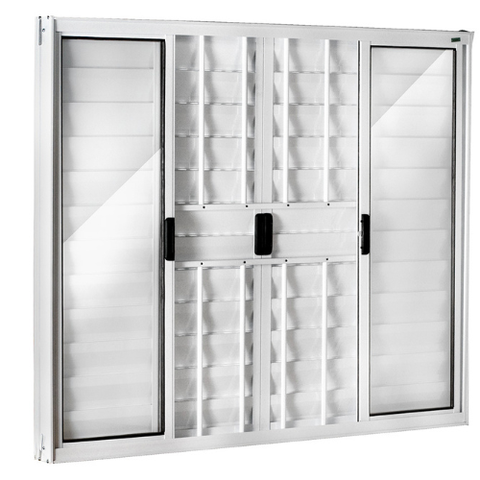 Janela Veneziana Alumínio Abertura Central 6 Folhas com Grade 120x120cm Branco Allo Esquadrias