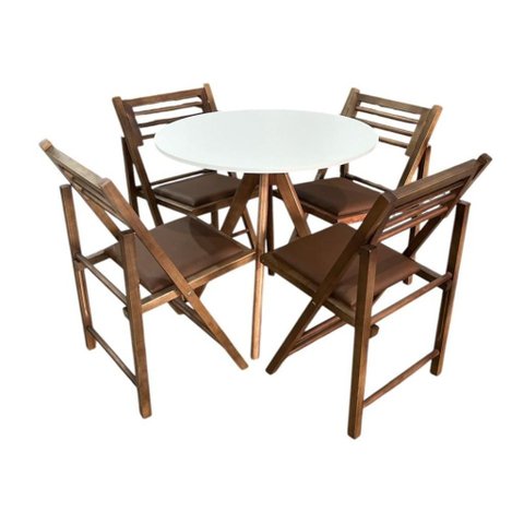 Conjunto Mesa Redonda com 4 Cadeiras Dobráveis Castanho