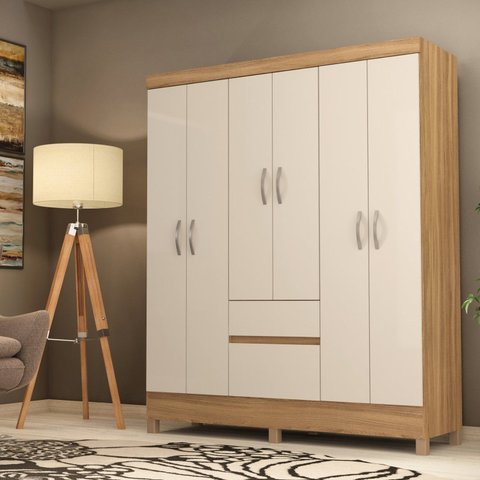 Guarda Roupa Casal 6 Portas 2 Gavetas Flash Ii Bege/Amendola/Off White