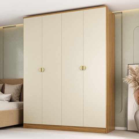 Guarda-Roupa Solteiro 100% MDF BP 4 Portas 2 Gavetas Brescia Marrom/Nogueira/Off White