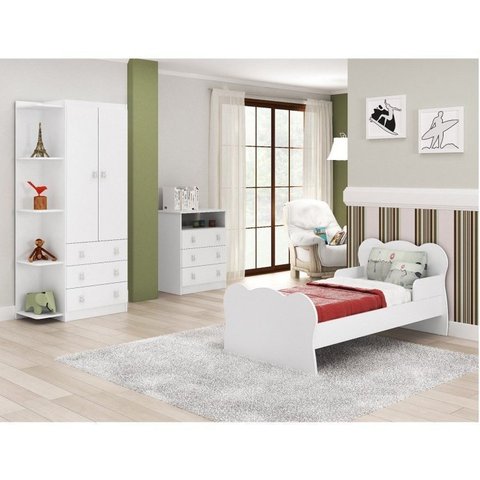 Quarto Infantil Guarda Roupa 2 Portas 3 Gavetas Cômoda 3 Gavetas 1 Nicho Mini Cama Branco
