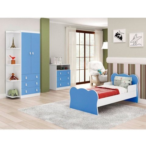 Quarto Infantil Guarda Roupa 2 Portas 3 Gavetas Cômoda 3 Gavetas 1 Nicho Mini Cama Azul