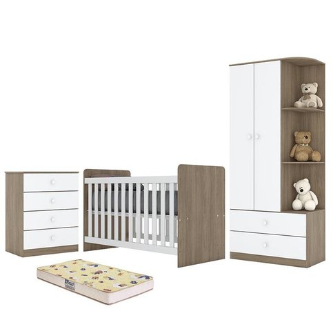 Dormitório Infantil Labirinto com Guarda Roupa, Cômoda, Berço Rústico/Branco e Colchão - Móveis Henn