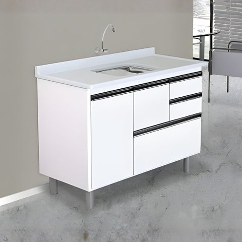 Gabinete de Cozinha Gavetas e Portas Armário 114cm Multiuso: Branco