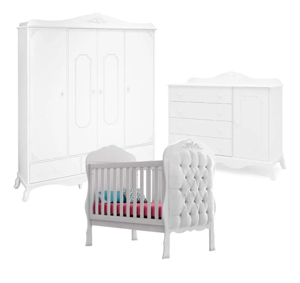 Quarto Infantil Realeza com Roupeiro 4 Portas, Cômoda e Berço Capitonê Sintético Branco Canaã